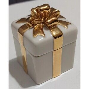The Lenox Gold Keepsake Box Gold Club Fine Ivory China Bow Ribbon Trinket 1999